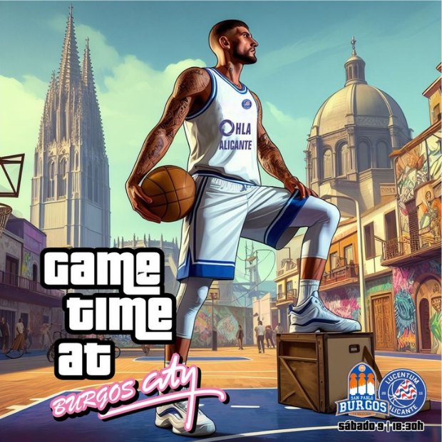 Cartel Game time at Burgos City, inspirado en el tráiler de GTA VI